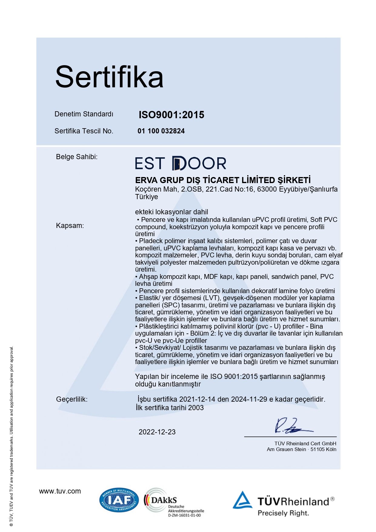 ISO 9001 Sertifikası